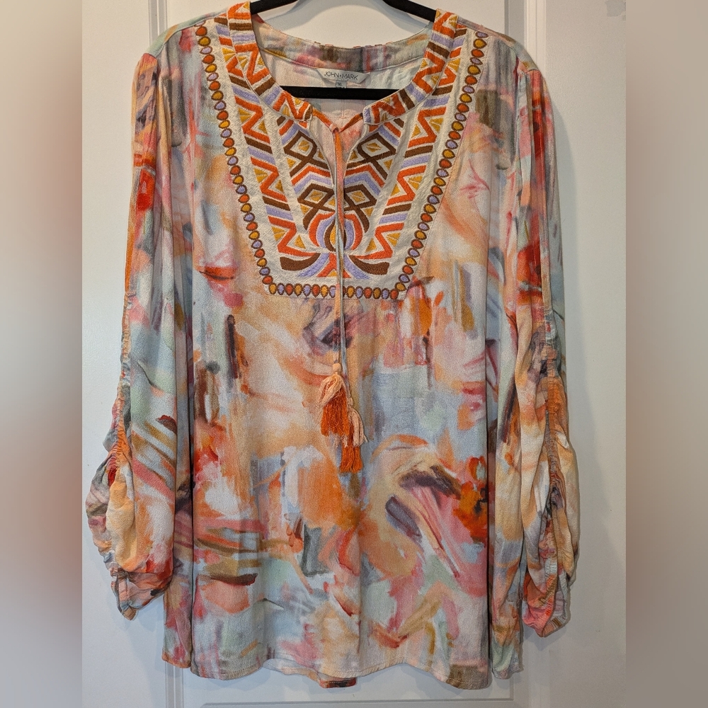 John Mark Womens XL Boho Peasant Blouse Embroidered Tassel Tunic Watercolor